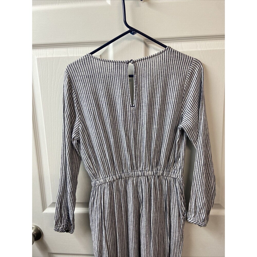 Old Navy Linen Jumper Womens Small Blue White Striped Faux Wrap Wide Leg - Picture 6 of 10